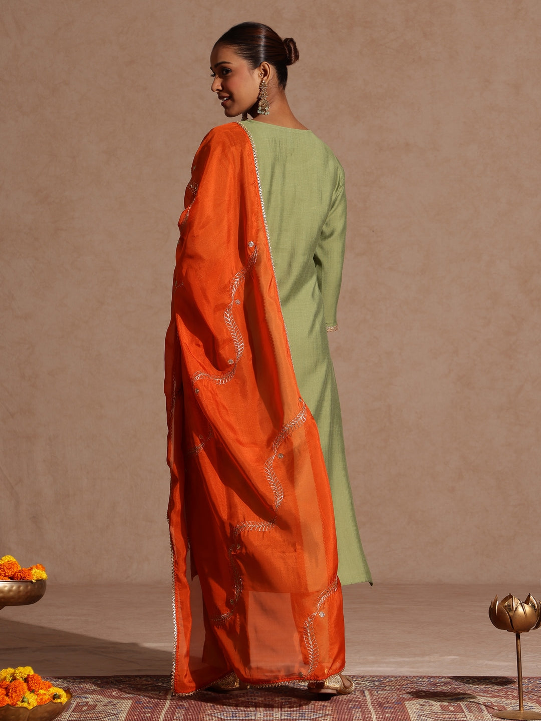 Ninnique Women's Sage Green Silk Blend Embellished Straight Kurta Set