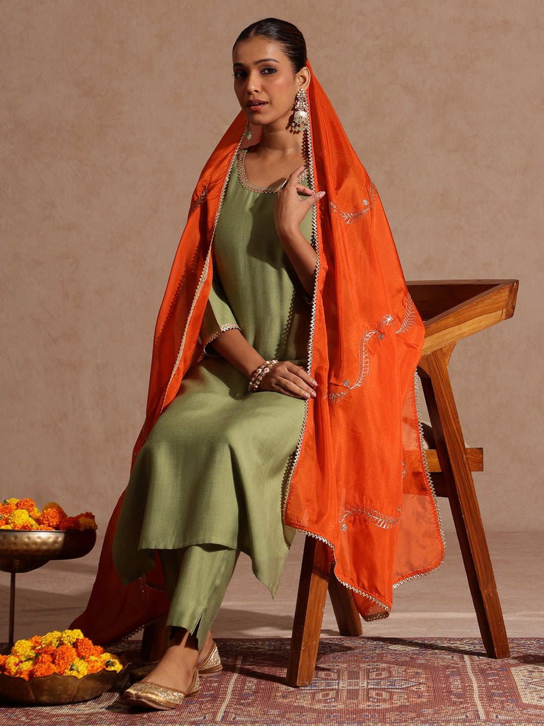 Ninnique Women's Sage Green Silk Blend Embellished Straight Kurta Set
