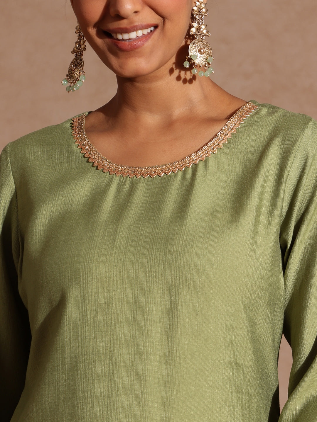 Ninnique Women's Sage Green Silk Blend Embellished Straight Kurta Set