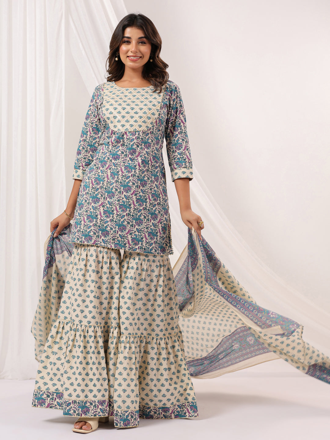 Ninnique Women's Cream Pure Cotton Floral Printed Yoke Design Straight Kurta With Sharara & Dupatta Set