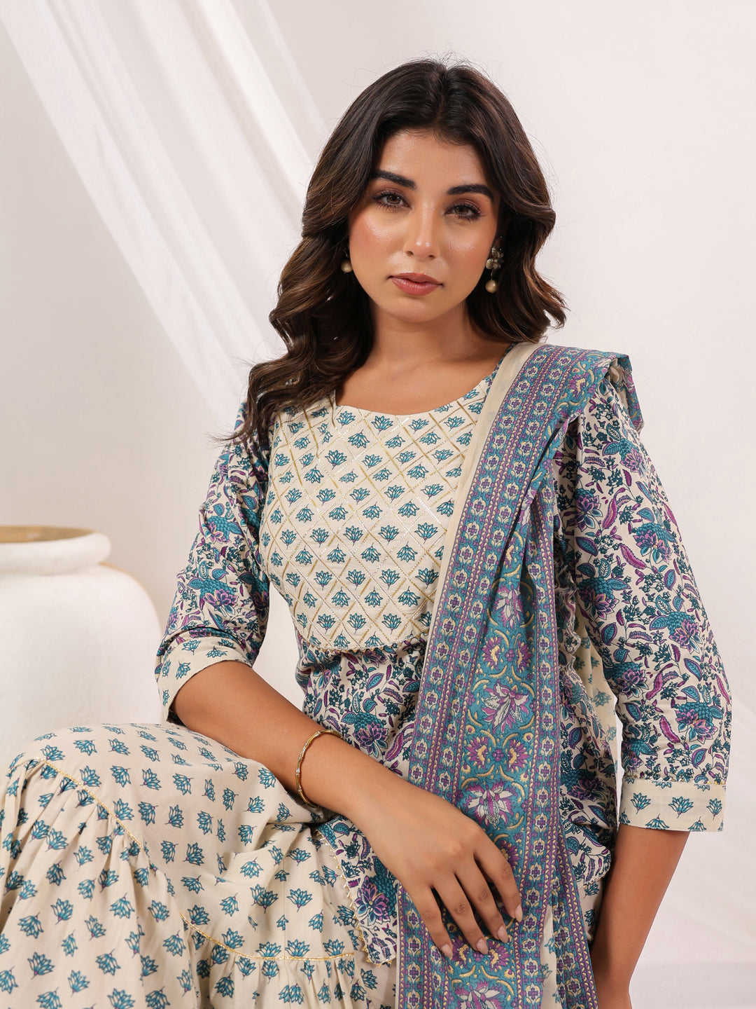 Ninnique Women's Cream Pure Cotton Floral Printed Yoke Design Straight Kurta With Sharara & Dupatta Set