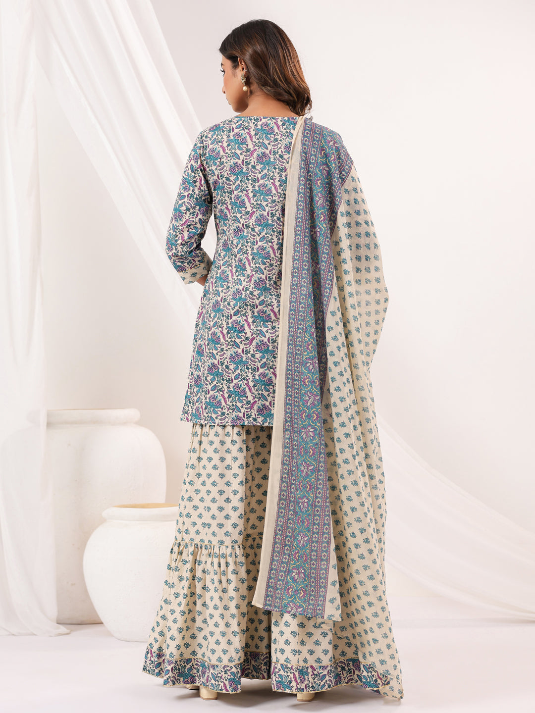 Ninnique Women's Cream Pure Cotton Floral Printed Yoke Design Straight Kurta With Sharara & Dupatta Set