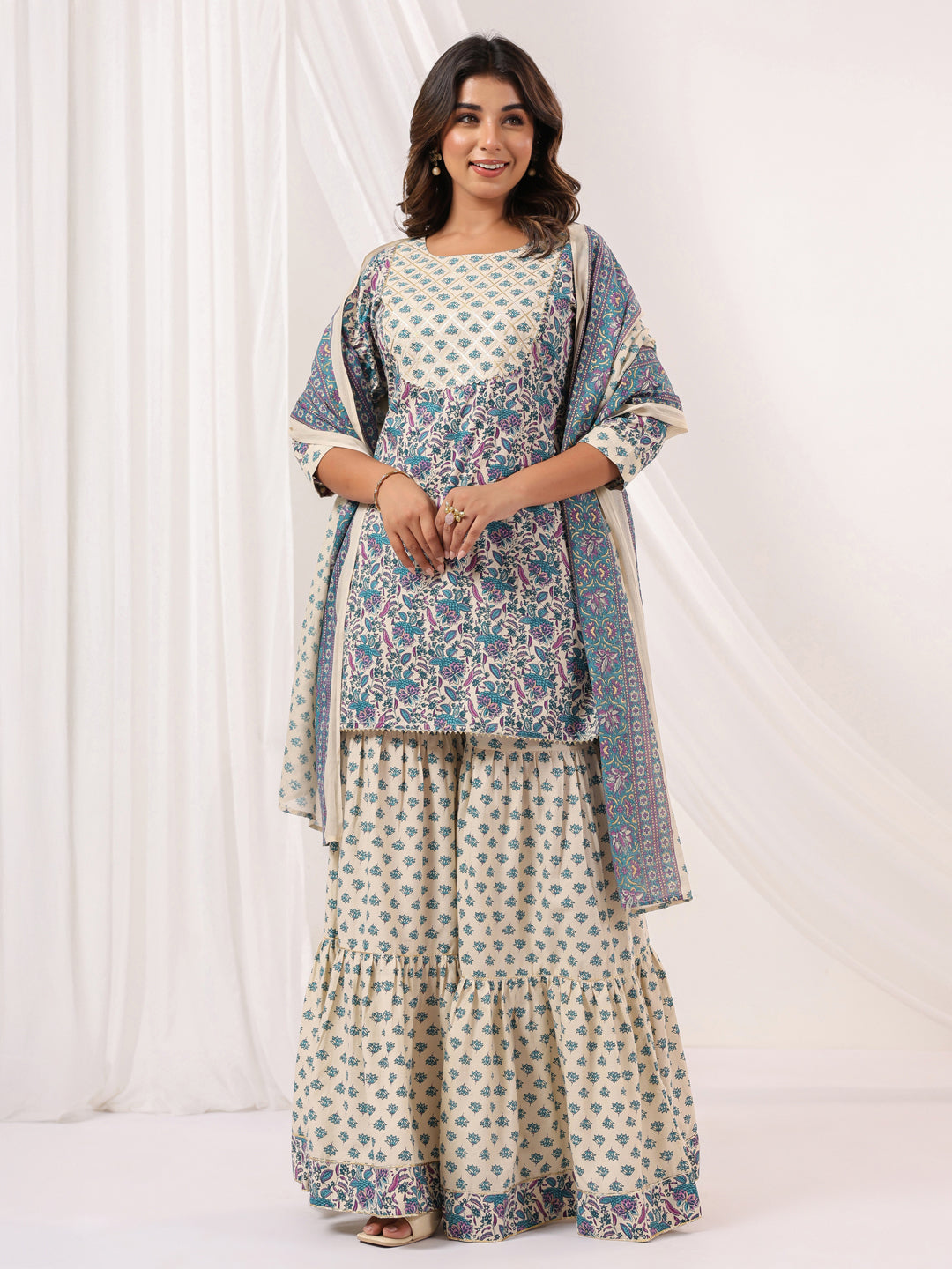 Ninnique Women's Cream Pure Cotton Floral Printed Yoke Design Straight Kurta With Sharara & Dupatta Set