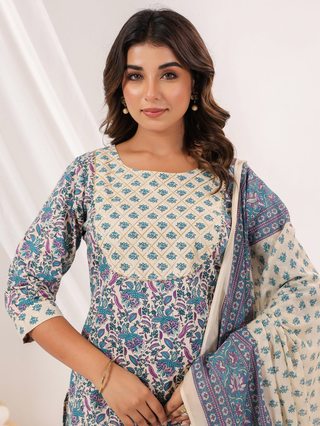 Ninnique Women's Cream Pure Cotton Floral Printed Yoke Design Straight Kurta With Sharara & Dupatta Set