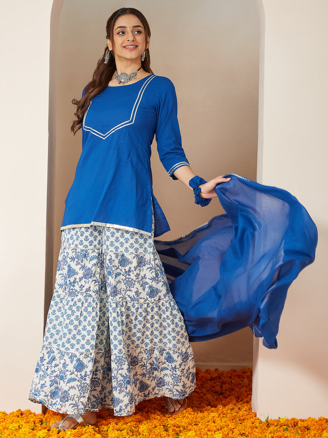 Ninnique Women's Blue Pure Cotton Yoke Design Straight Kurti With Printed Sharara & Dupatta Set