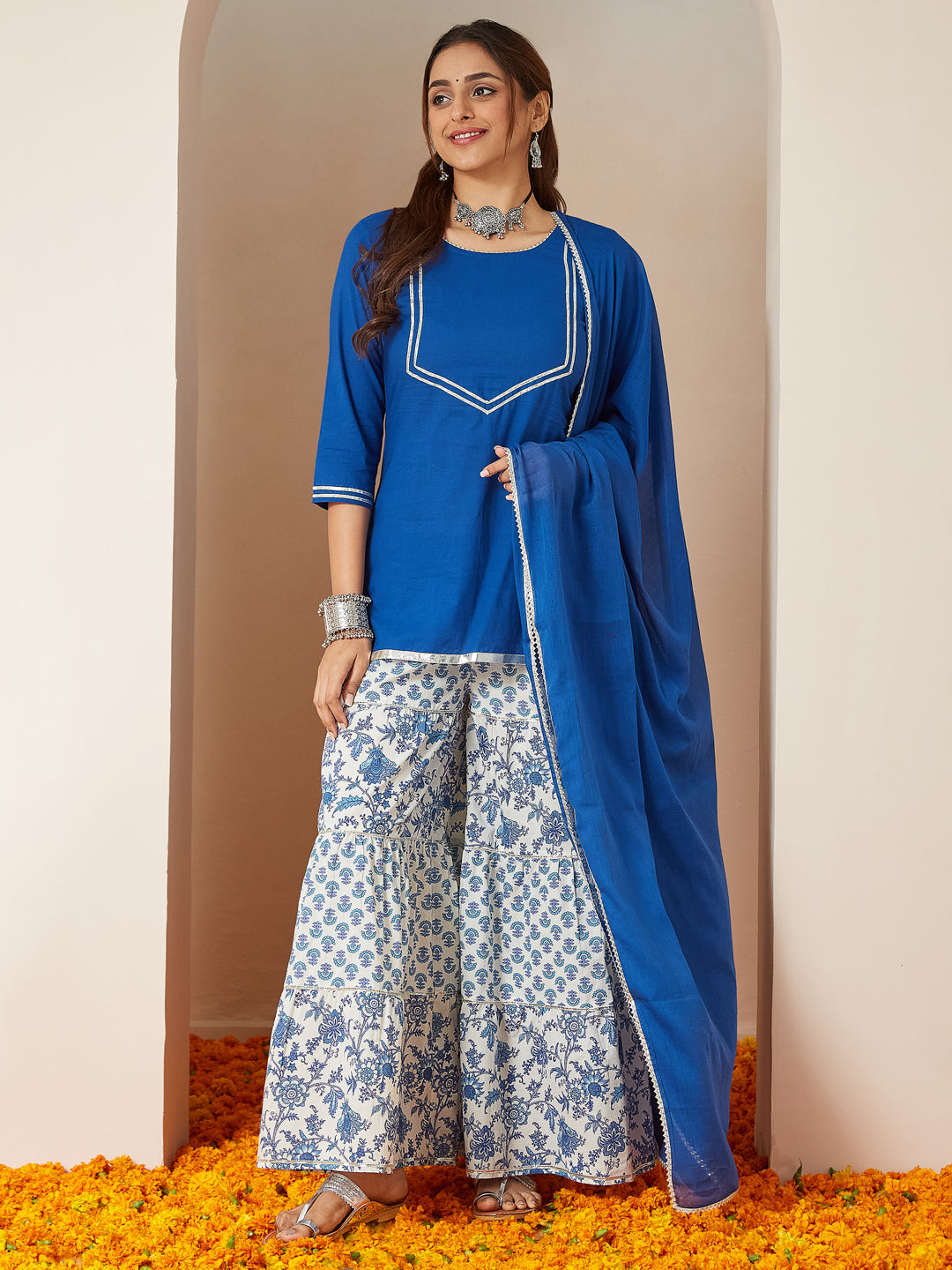Ninnique Women's Blue Pure Cotton Yoke Design Straight Kurti With Printed Sharara & Dupatta Set