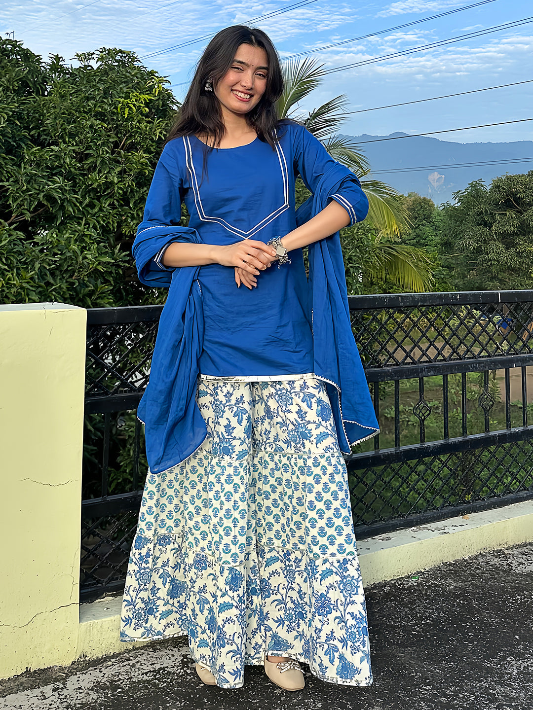 Ninnique Women's Blue Pure Cotton Yoke Design Straight Kurti With Printed Sharara & Dupatta Set