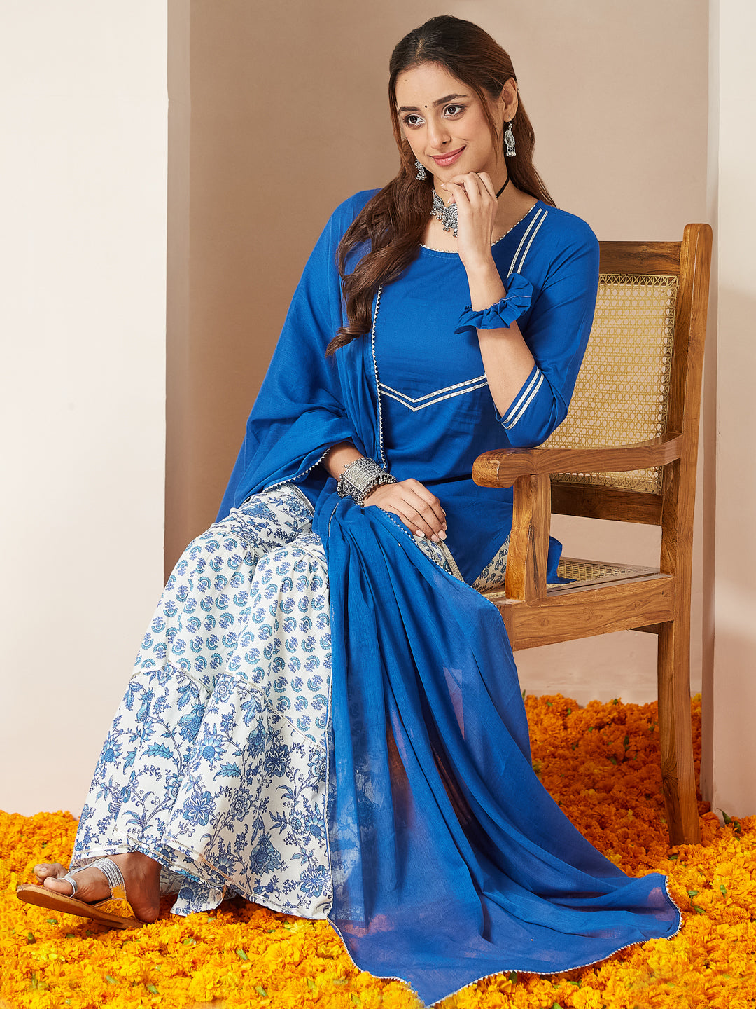 Ninnique Women's Blue Pure Cotton Yoke Design Straight Kurti With Printed Sharara & Dupatta Set