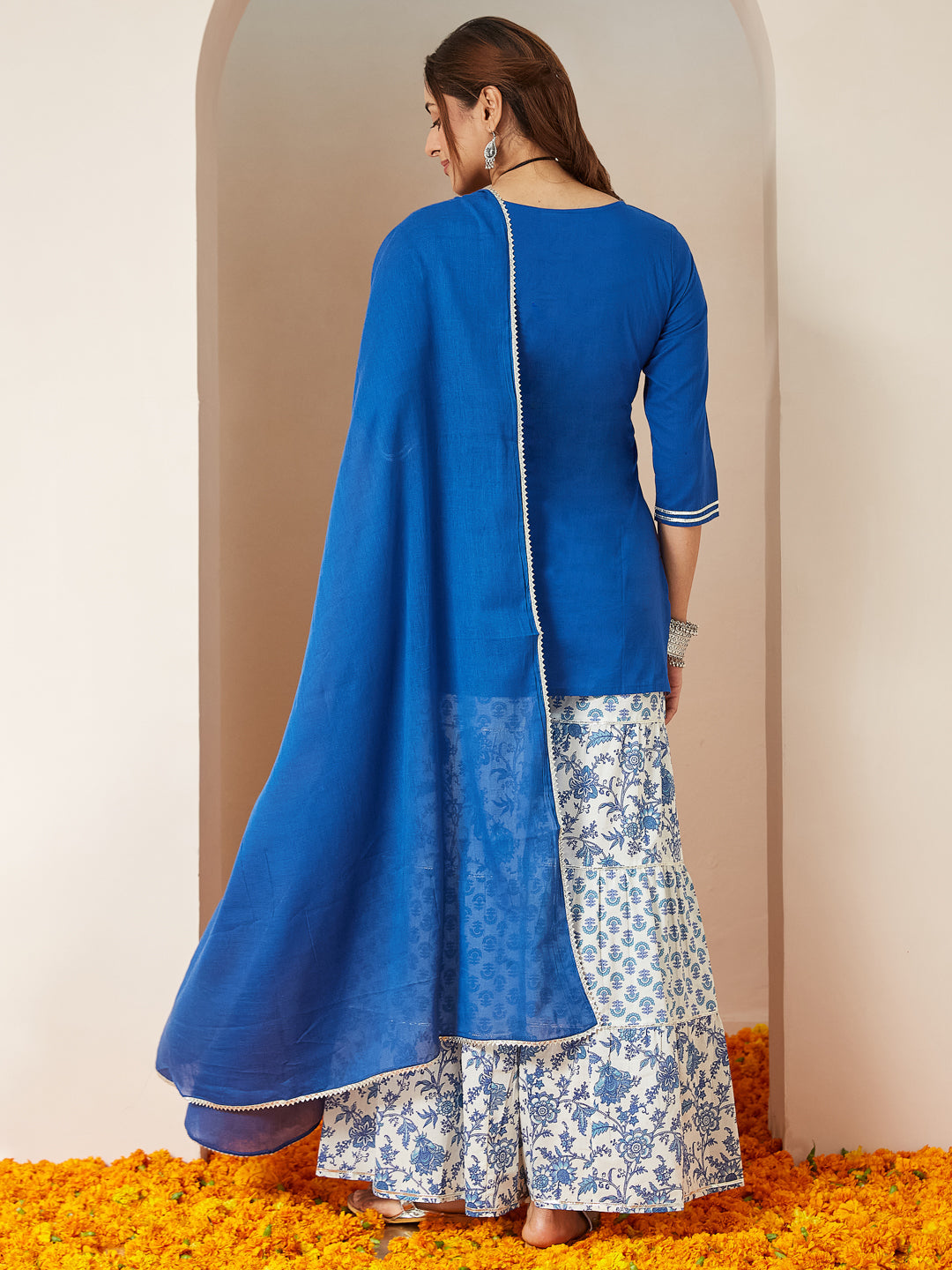 Ninnique Women's Blue Pure Cotton Yoke Design Straight Kurti With Printed Sharara & Dupatta Set
