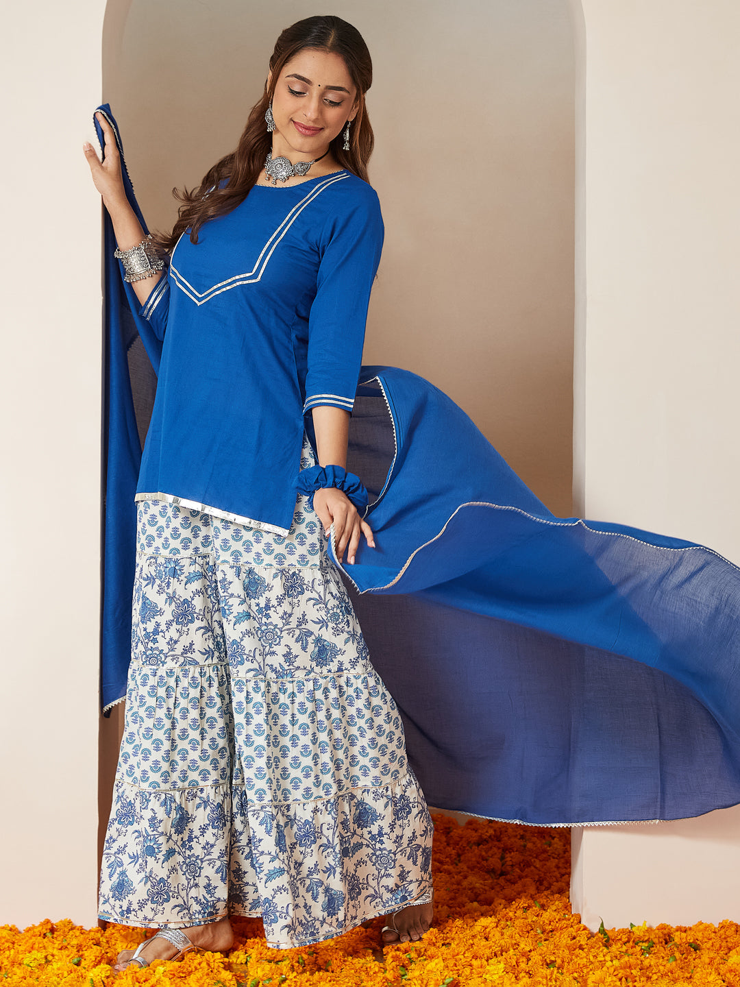 Ninnique Women's Blue Pure Cotton Yoke Design Straight Kurti With Printed Sharara & Dupatta Set