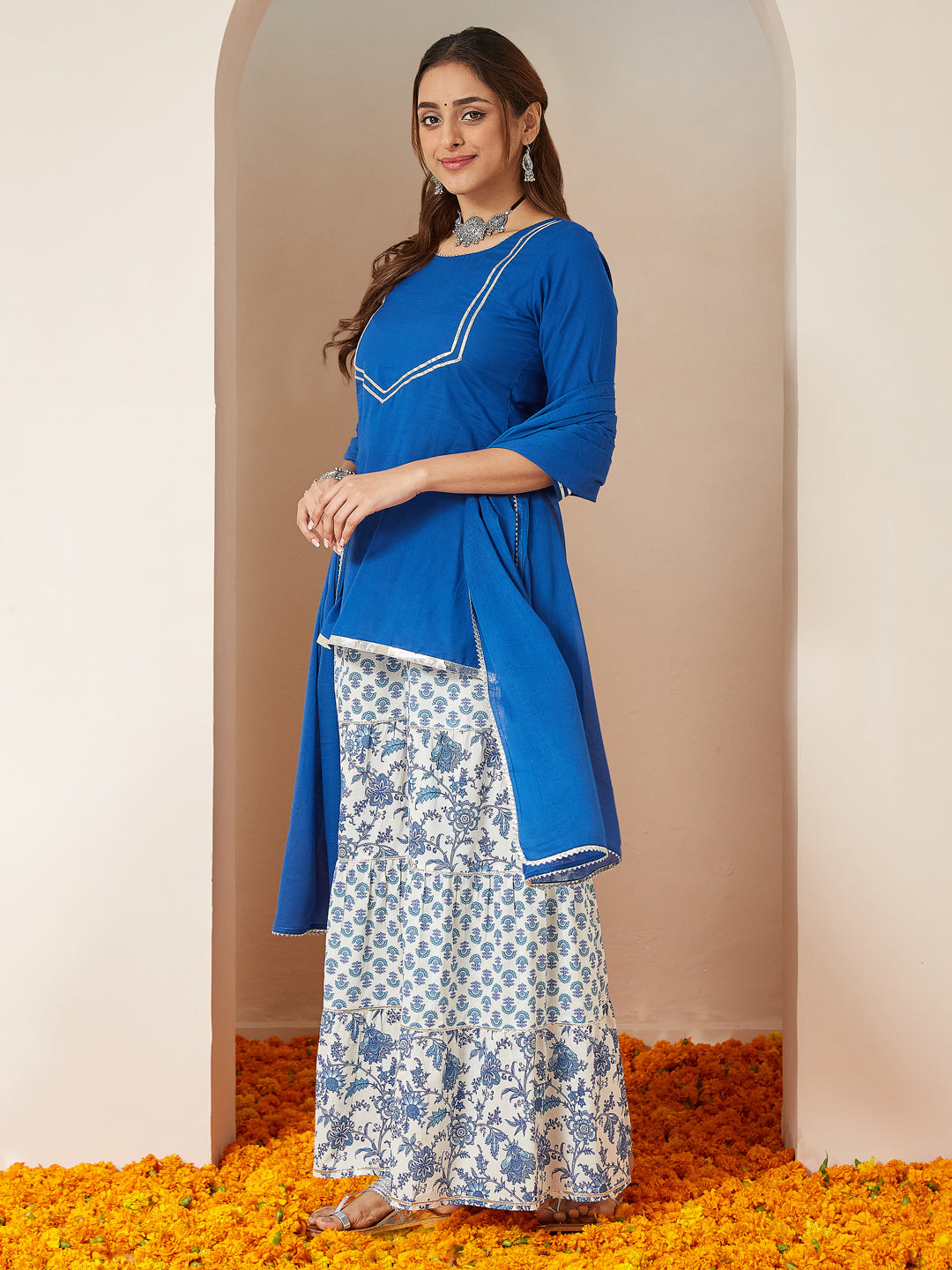 Ninnique Women's Blue Pure Cotton Yoke Design Straight Kurti With Printed Sharara & Dupatta Set