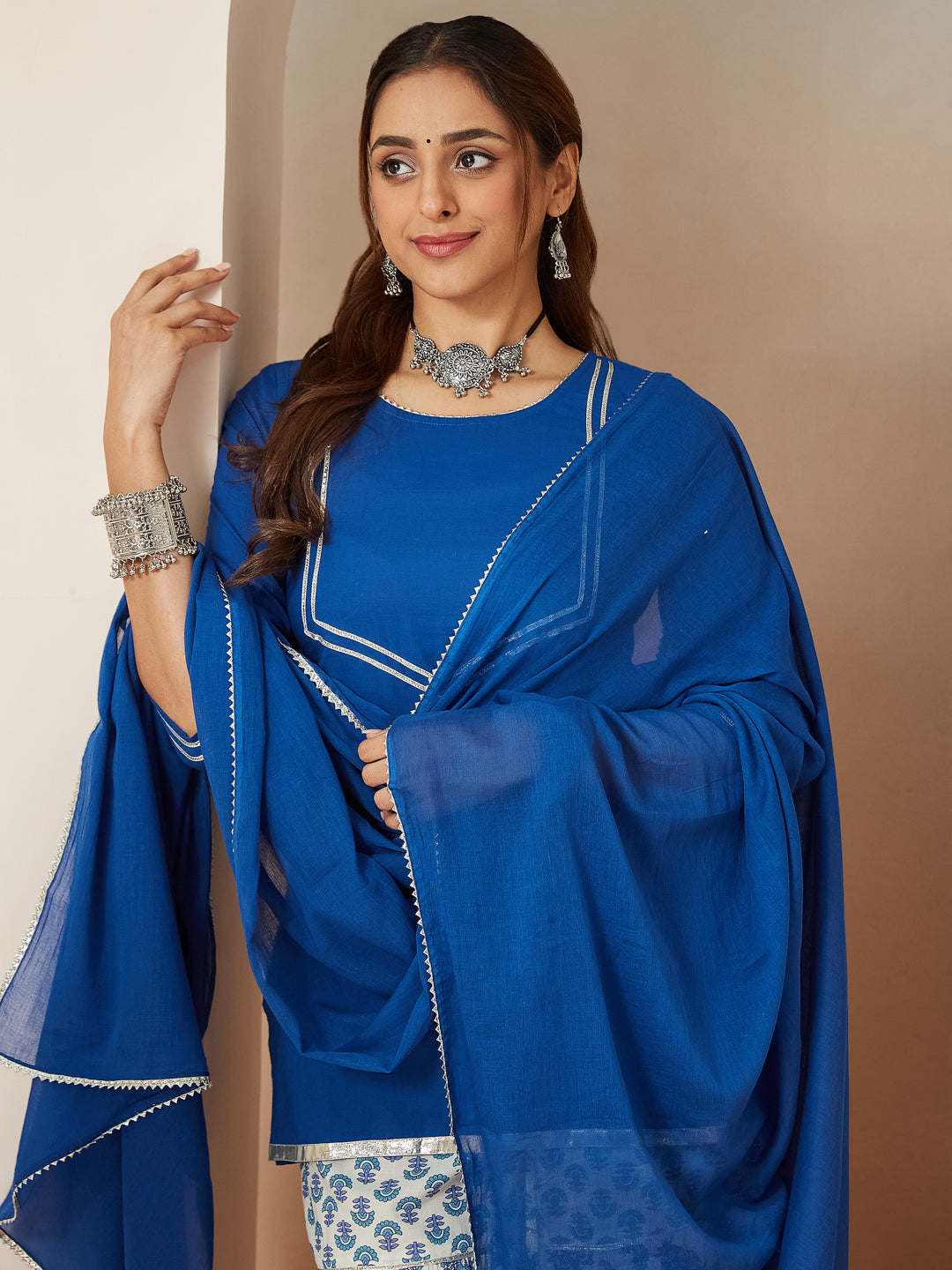 Ninnique Women's Blue Pure Cotton Yoke Design Straight Kurti With Printed Sharara & Dupatta Set