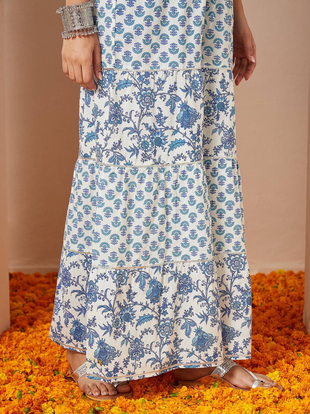 Ninnique Women's Blue Pure Cotton Yoke Design Straight Kurti With Printed Sharara & Dupatta Set