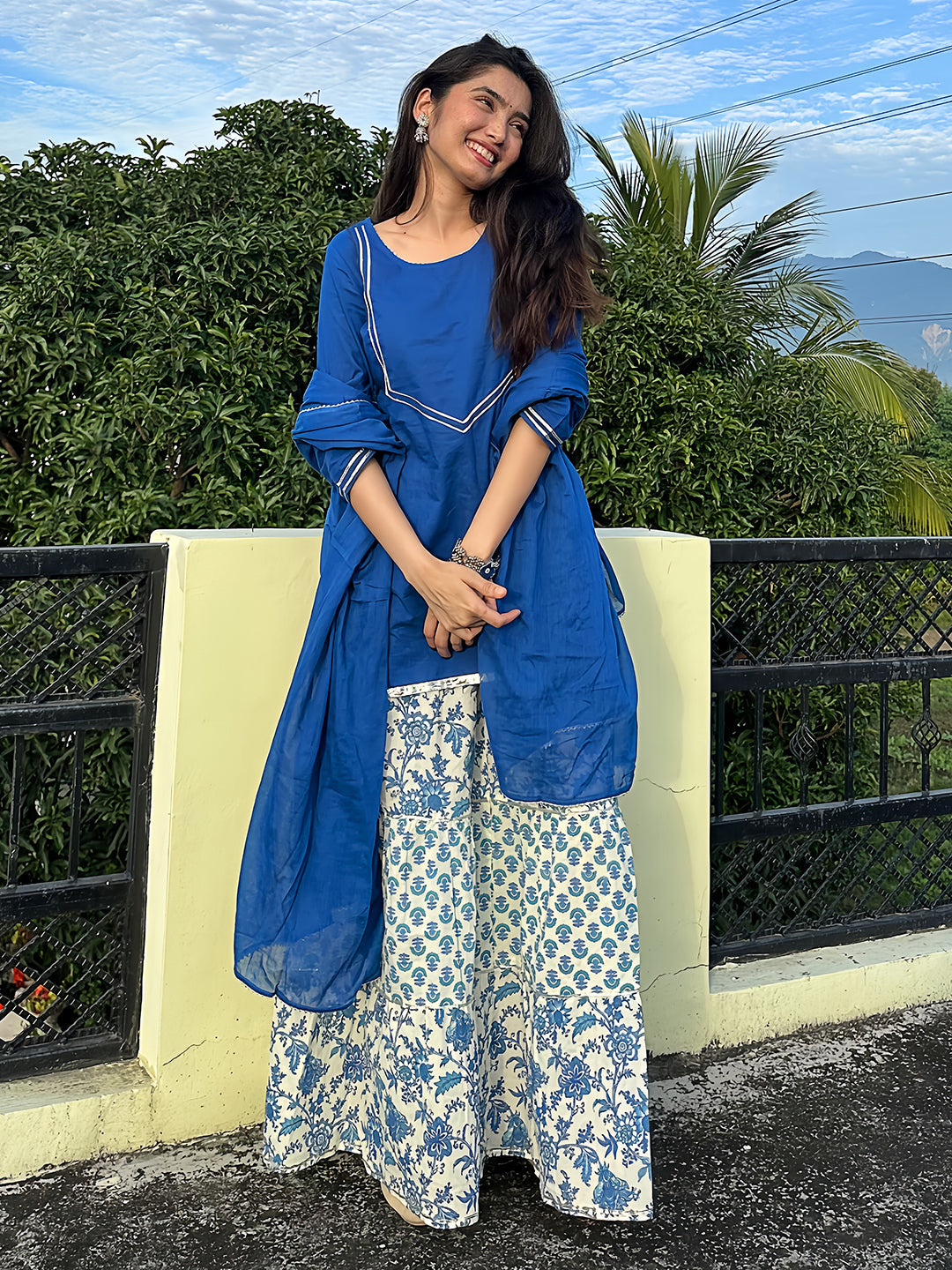 Ninnique Women's Blue Pure Cotton Yoke Design Straight Kurti With Printed Sharara & Dupatta Set