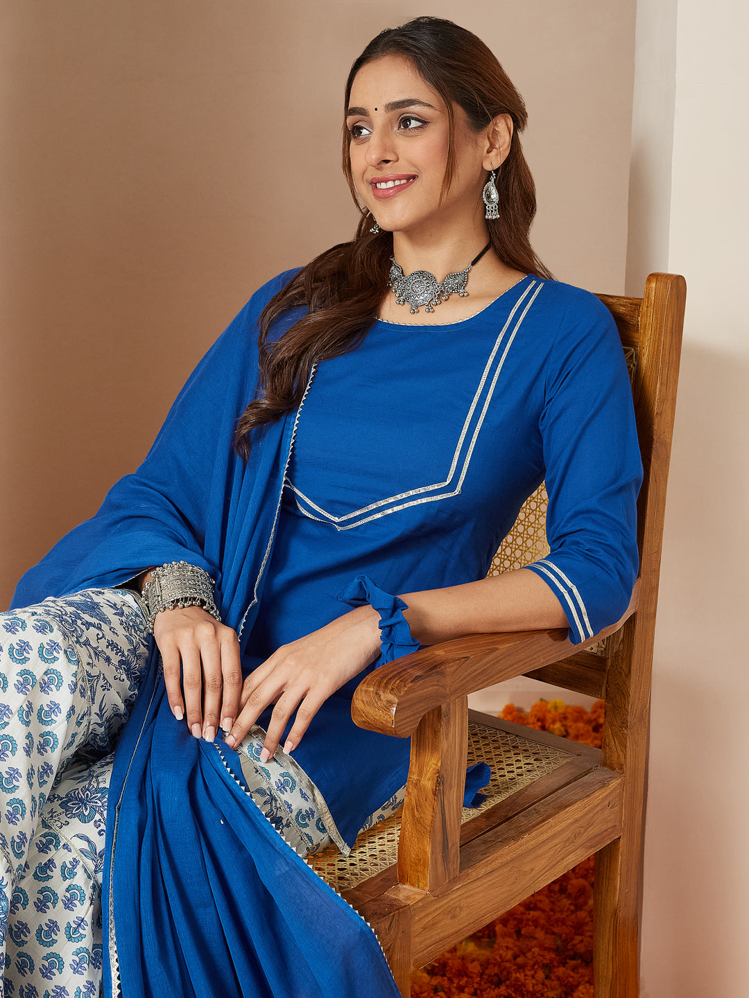 Ninnique Women's Blue Pure Cotton Yoke Design Straight Kurti With Printed Sharara & Dupatta Set