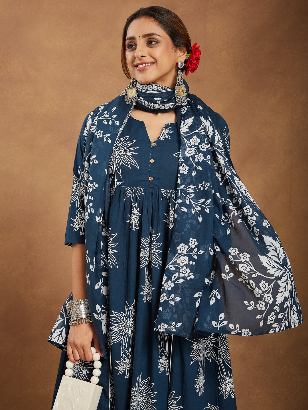 Ninnique Women's Teal Blue Pure Cotton Floral Printed A-line Kurta Set