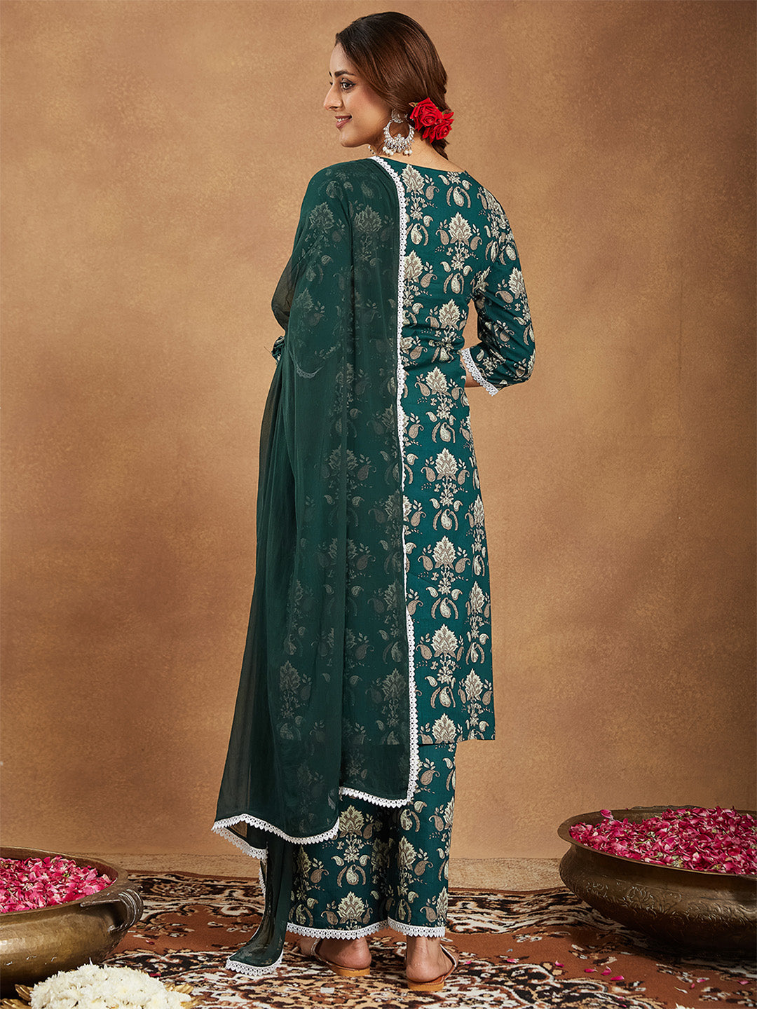 Ninnique Women's Green Pure Cotton Paisley Printed Straight Kurta With Palazzo Set