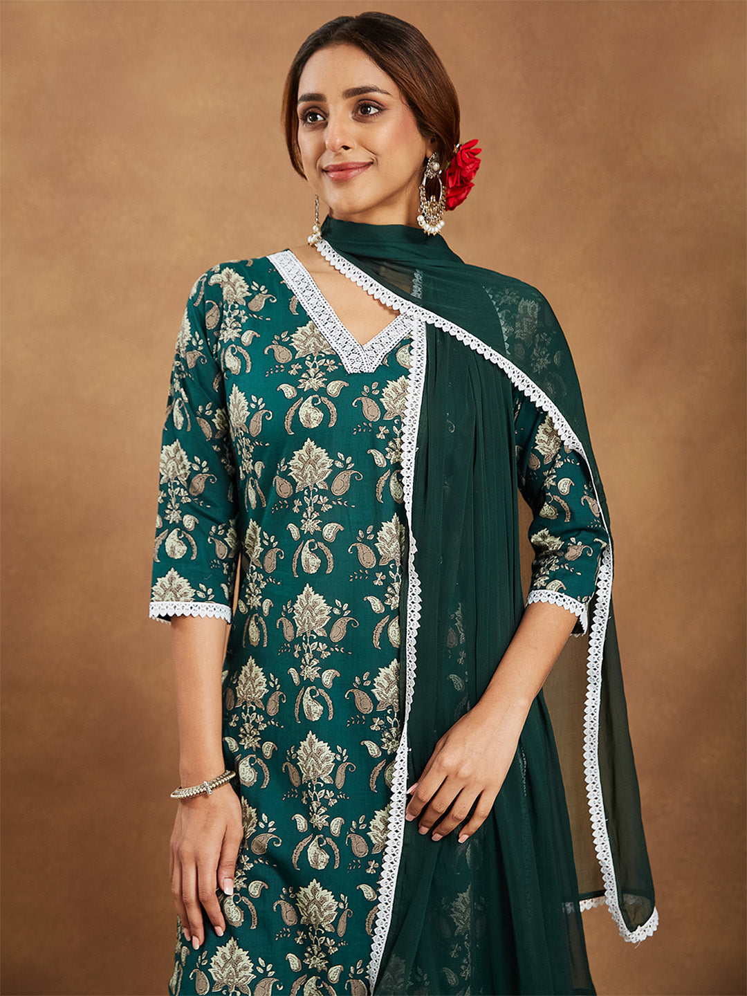Ninnique Women's Green Pure Cotton Paisley Printed Straight Kurta With Palazzo Set