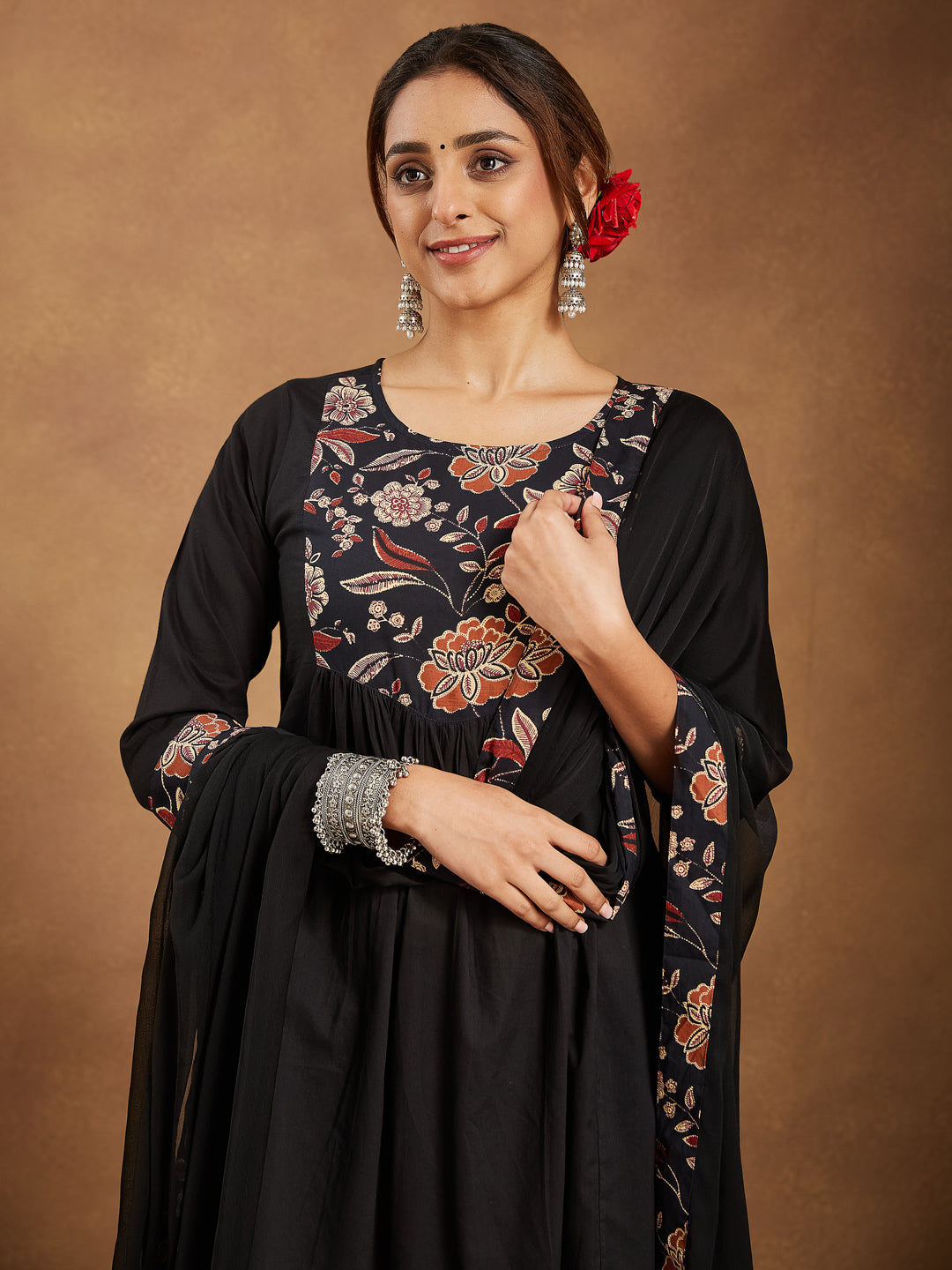 Ninnique Women's Black Pure Cotton Floral Printed A-line Kurta With Palazzo & Dupatta Set