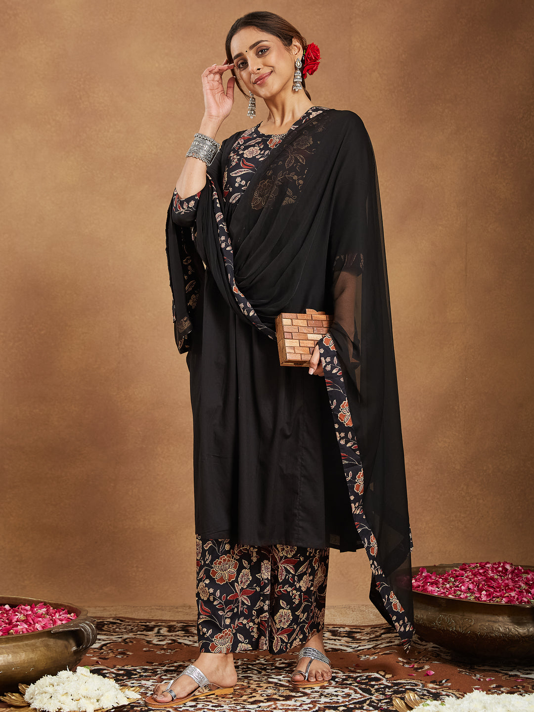 Ninnique Women's Black Pure Cotton Floral Printed A-line Kurta With Palazzo & Dupatta Set