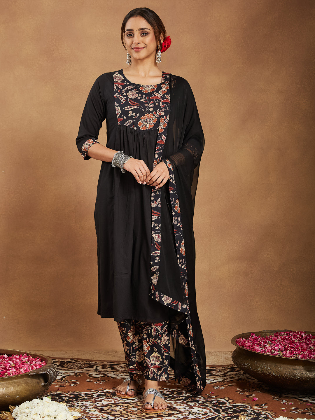 Ninnique Women's Black Pure Cotton Floral Printed A-line Kurta With Palazzo & Dupatta Set