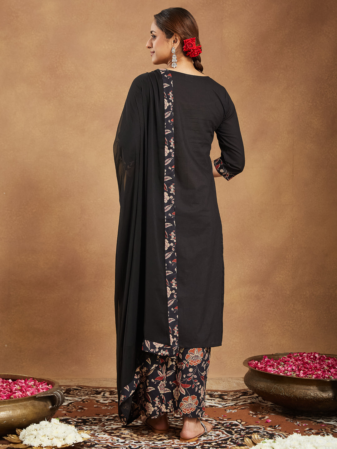 Ninnique Women's Black Pure Cotton Floral Printed A-line Kurta With Palazzo & Dupatta Set
