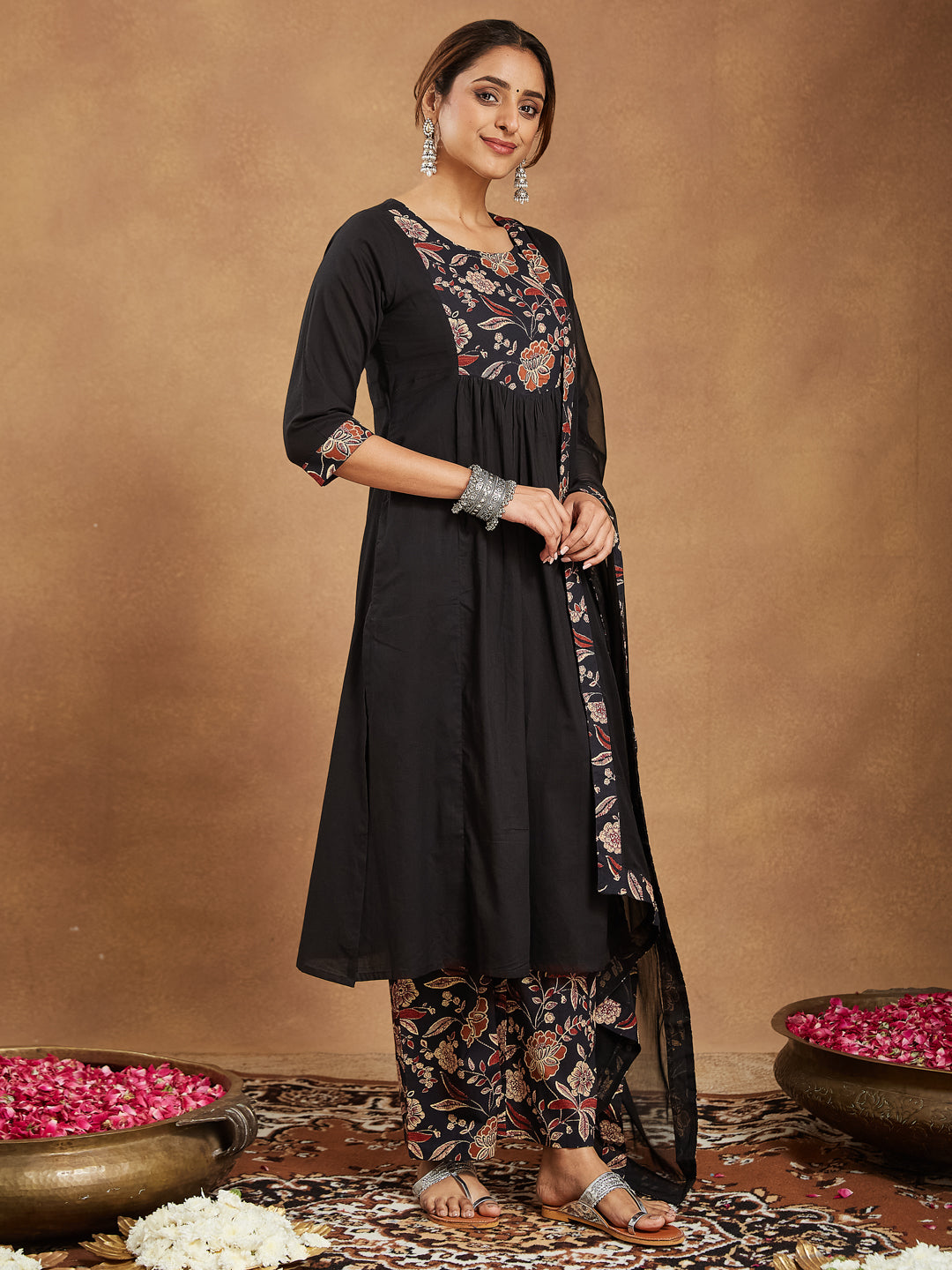 Ninnique Women's Black Pure Cotton Floral Printed A-line Kurta With Palazzo & Dupatta Set