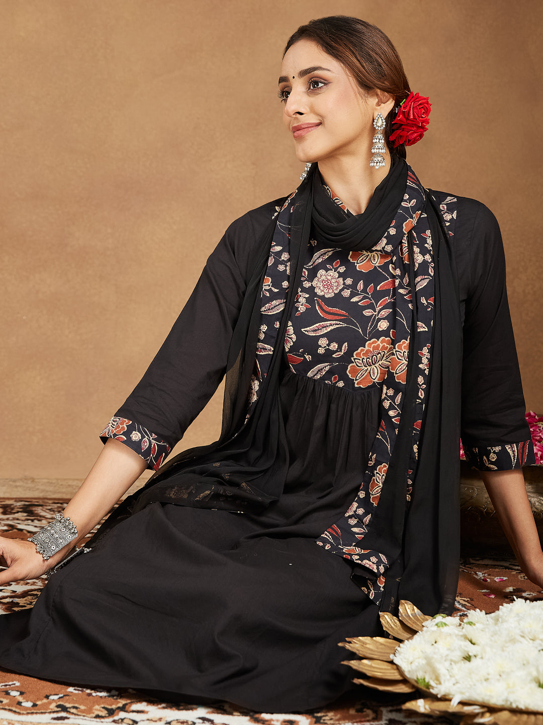 Ninnique Women's Black Pure Cotton Floral Printed A-line Kurta With Palazzo & Dupatta Set