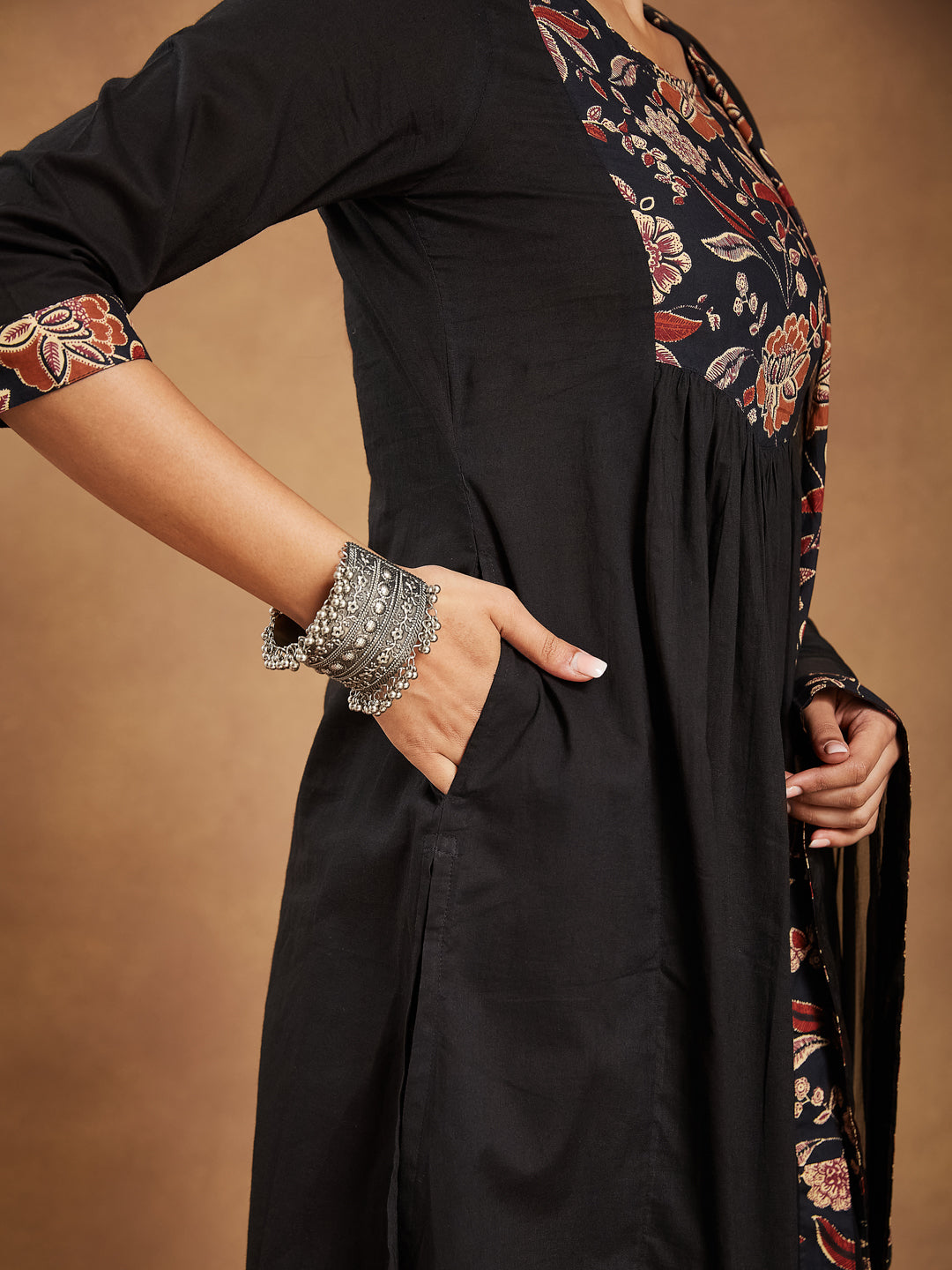 Ninnique Women's Black Pure Cotton Floral Printed A-line Kurta With Palazzo & Dupatta Set