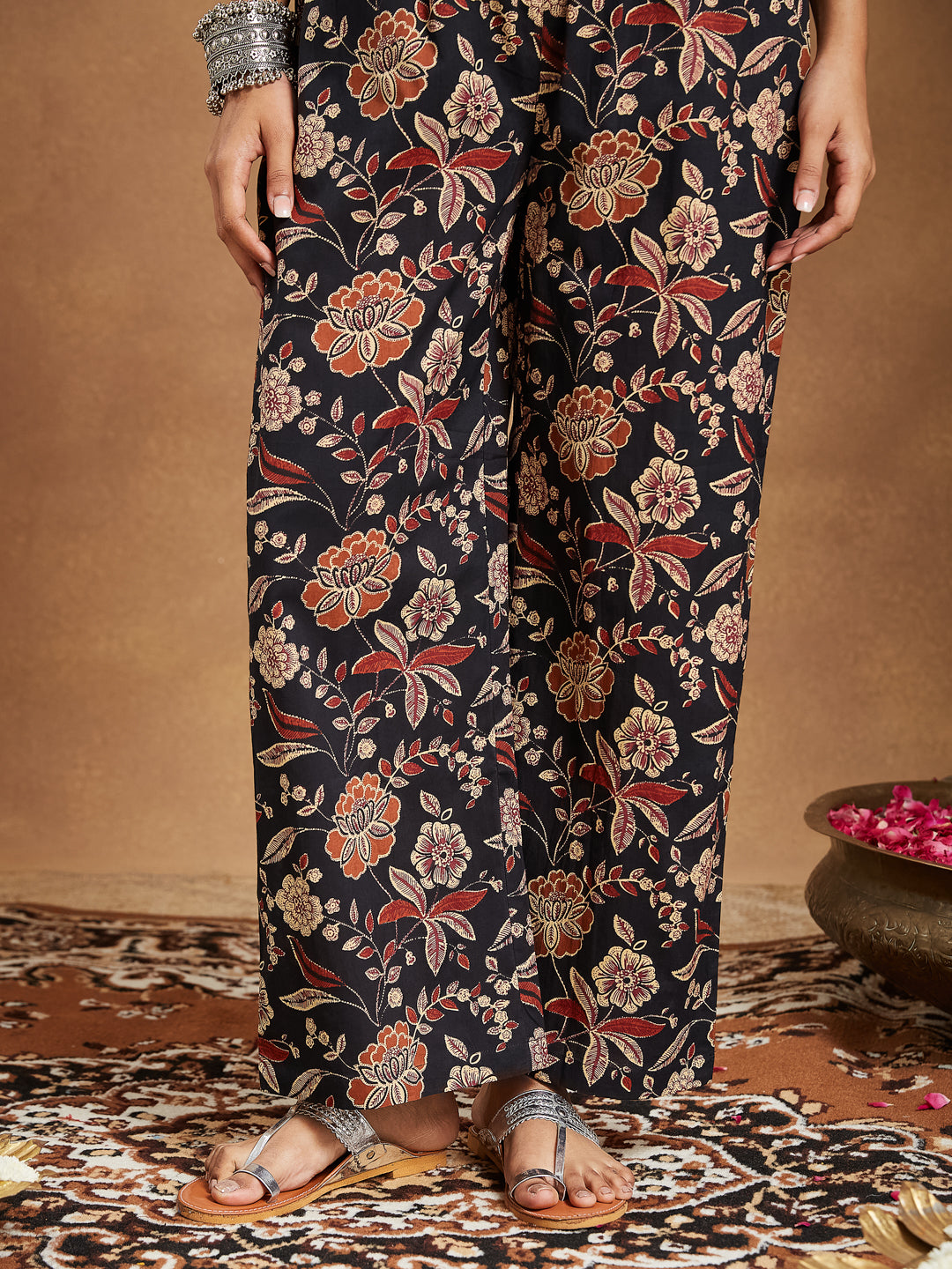 Ninnique Women's Black Pure Cotton Floral Printed A-line Kurta With Palazzo & Dupatta Set