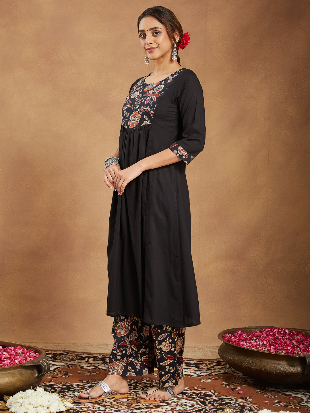 Ninnique Women's Black Pure Cotton Floral Printed A-line Kurta With Palazzo & Dupatta Set