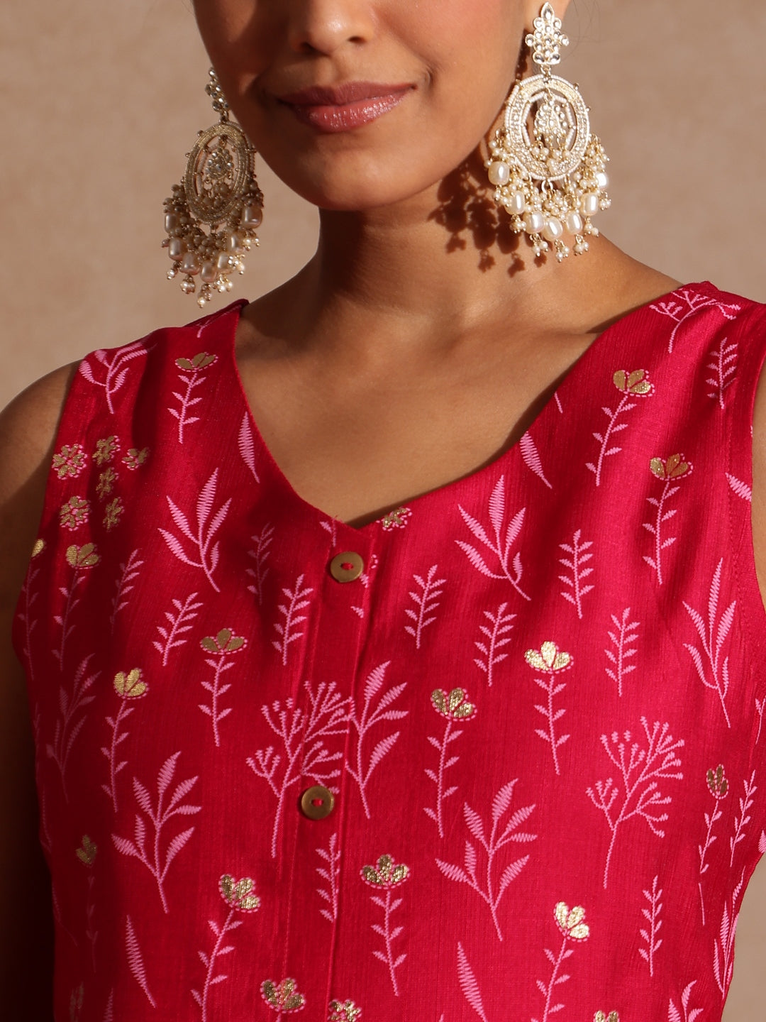 Ninnique Women's Pink Silk Blend Gold Printed Straight Kurta Set