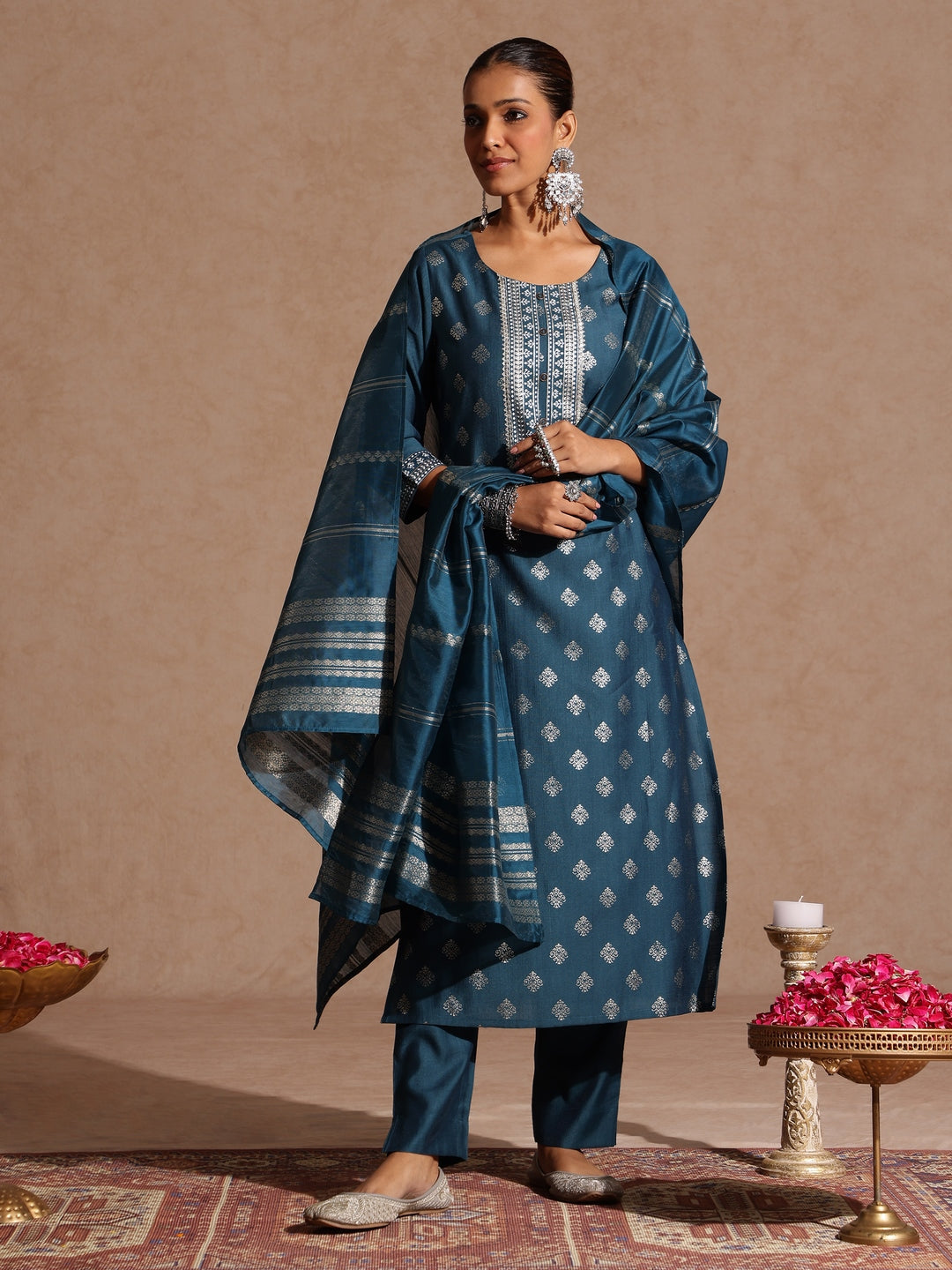Ninnique Women's Teal Blue Silk Blend Embellished Gold Foil Printed Straight Kurta Set