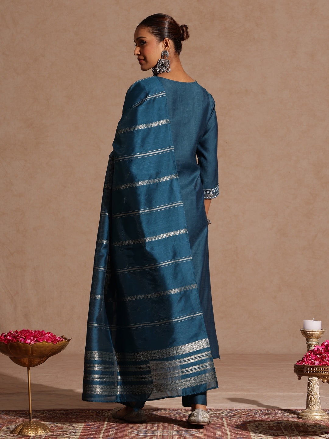 Ninnique Women's Teal Blue Silk Blend Embellished Gold Foil Printed Straight Kurta Set