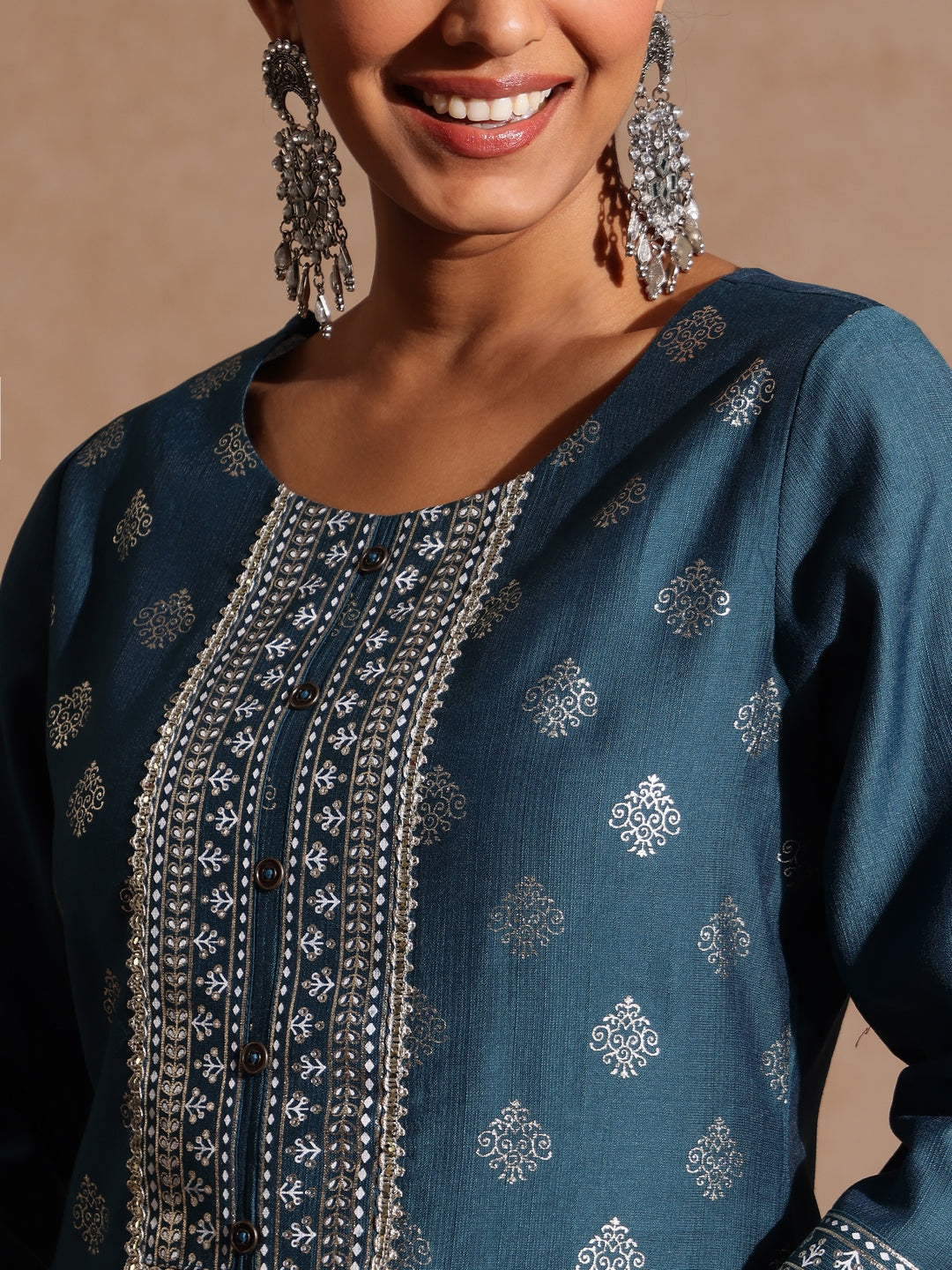 Ninnique Women's Teal Blue Silk Blend Embellished Gold Foil Printed Straight Kurta Set
