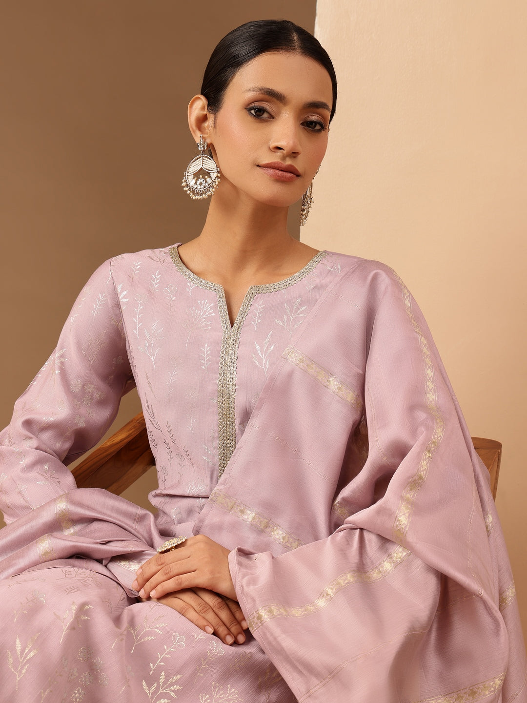 Ninnique Women's Lavender Silk Blend Embellished Gold Printed Straight Kurta Set