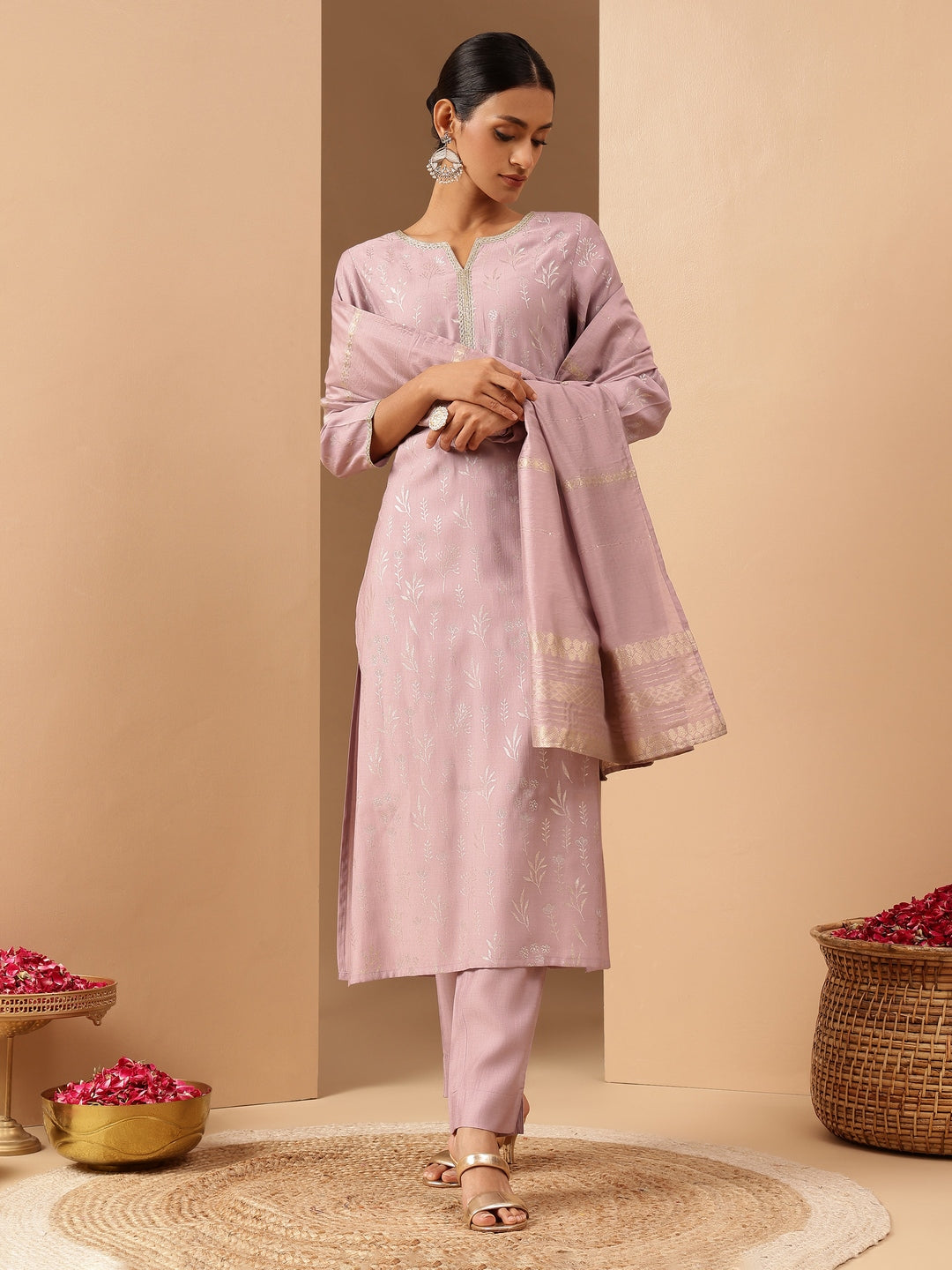 Ninnique Women's Lavender Silk Blend Embellished Gold Printed Straight Kurta Set