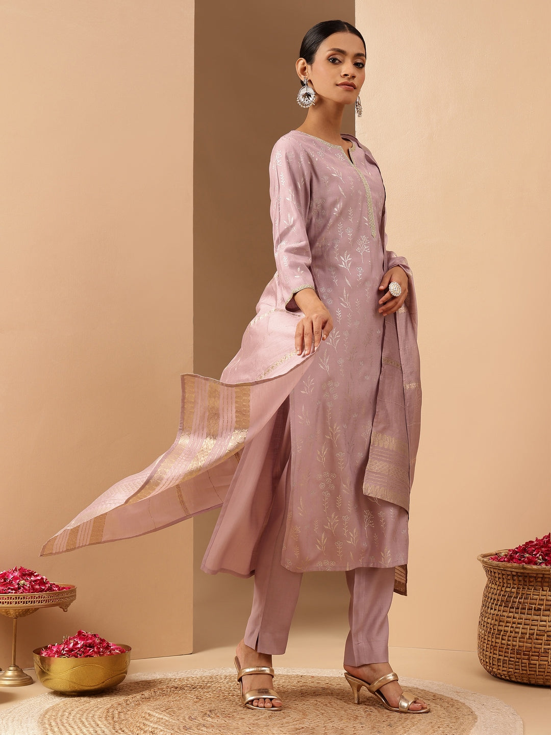 Ninnique Women's Lavender Silk Blend Embellished Gold Printed Straight Kurta Set