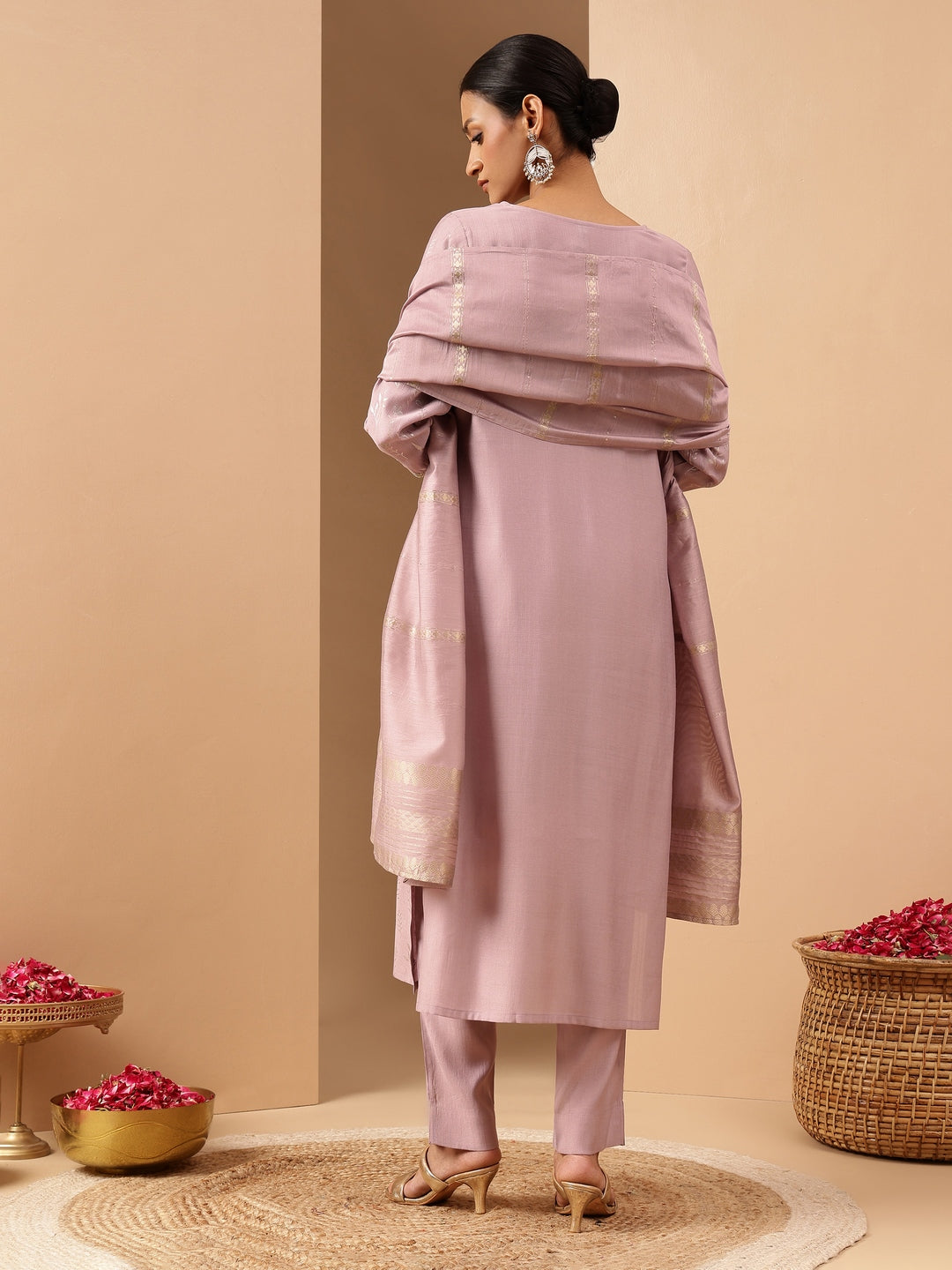 Ninnique Women's Lavender Silk Blend Embellished Gold Printed Straight Kurta Set