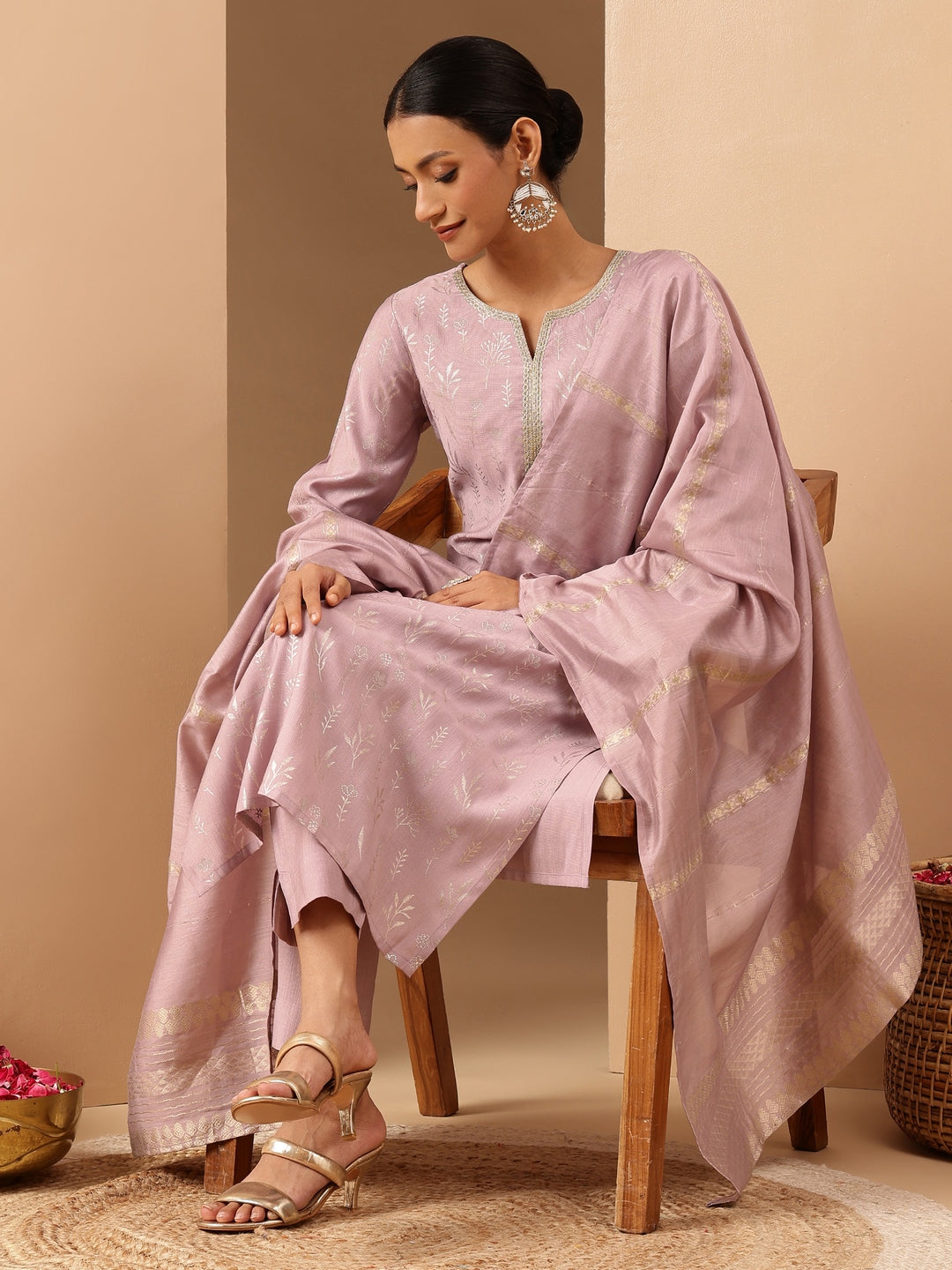 Ninnique Women's Lavender Silk Blend Embellished Gold Printed Straight Kurta Set