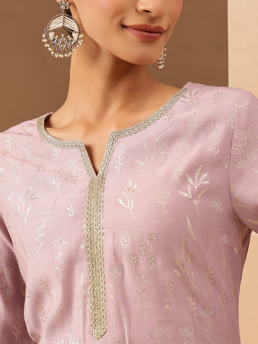 Ninnique Women's Lavender Silk Blend Embellished Gold Printed Straight Kurta Set