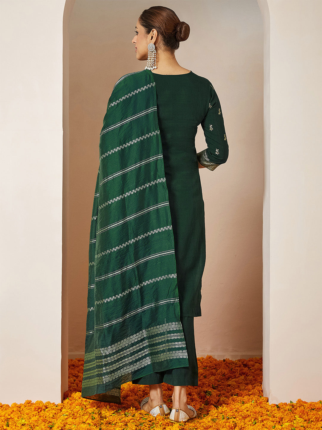 Ninnique Women's Bottle Green Silk Blend Foil Printed Straight Kurta Set