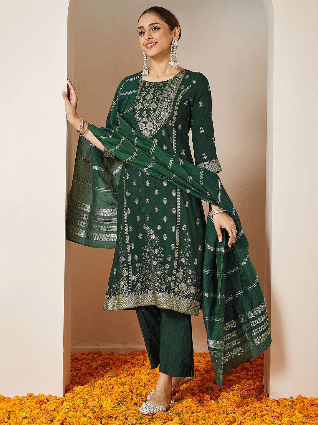 Ninnique Women's Bottle Green Silk Blend Foil Printed Straight Kurta Set