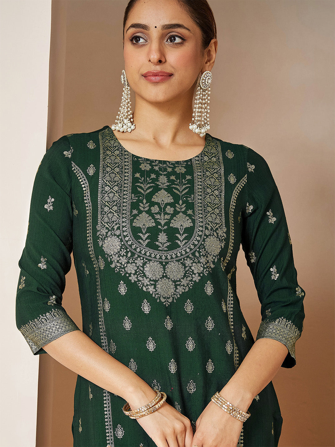 Ninnique Women's Bottle Green Silk Blend Foil Printed Straight Kurta Set