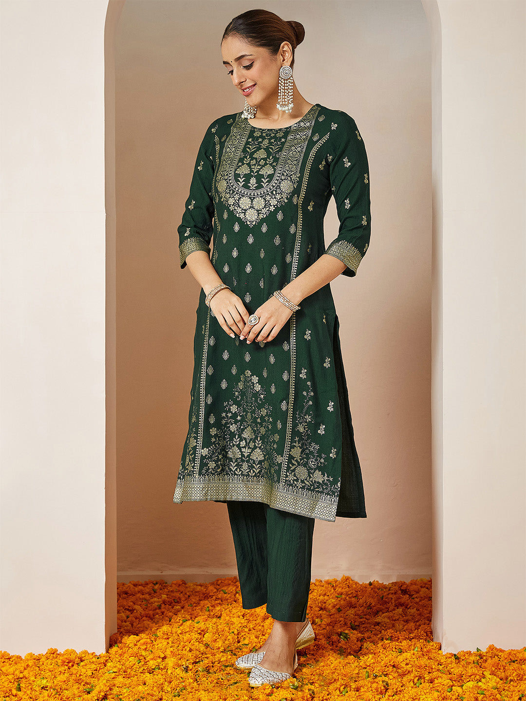 Ninnique Women's Bottle Green Silk Blend Foil Printed Straight Kurta Set
