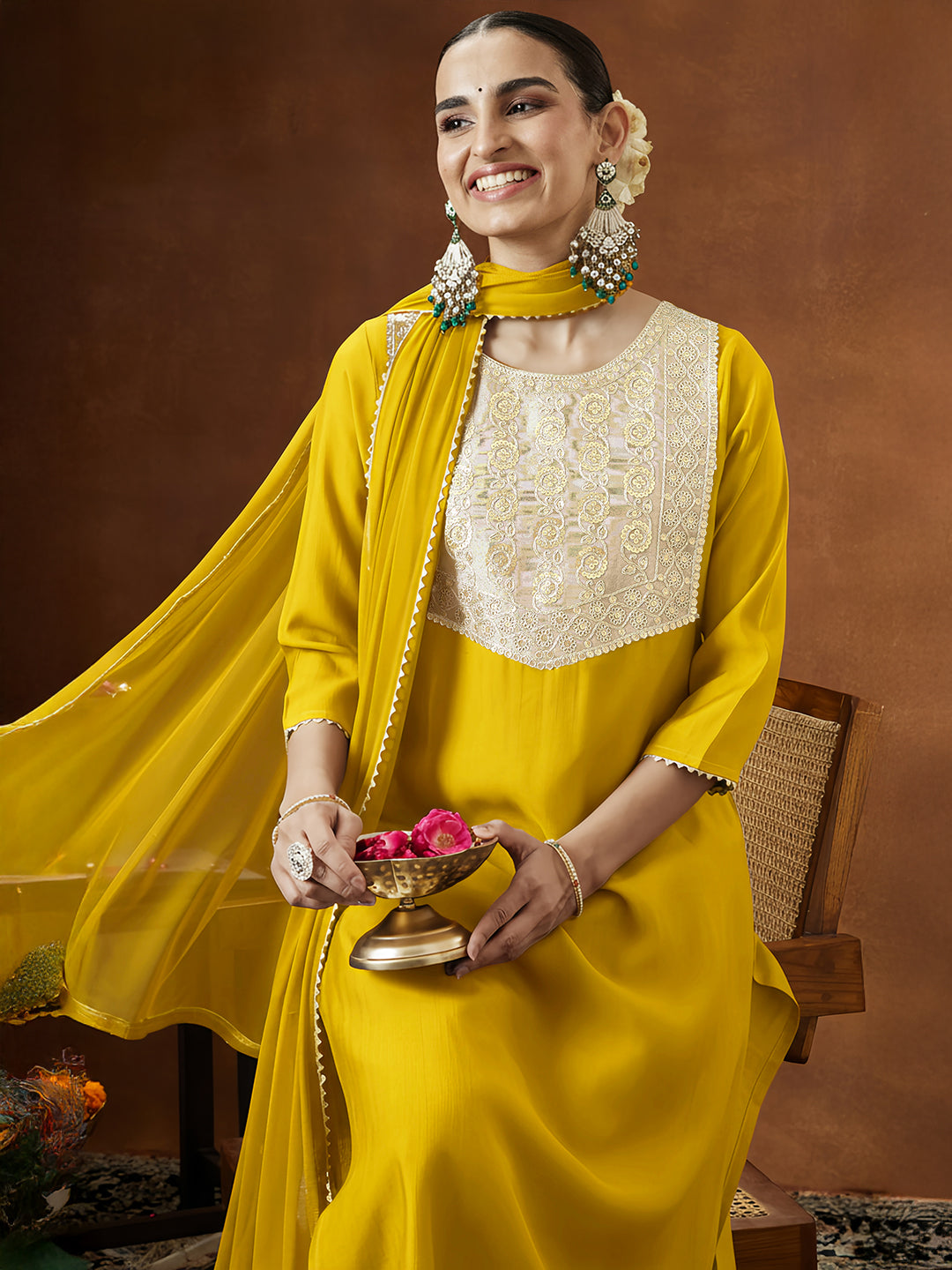 Ninnique Women's Mustard Silk Blend Embellished Straight Kurta Set