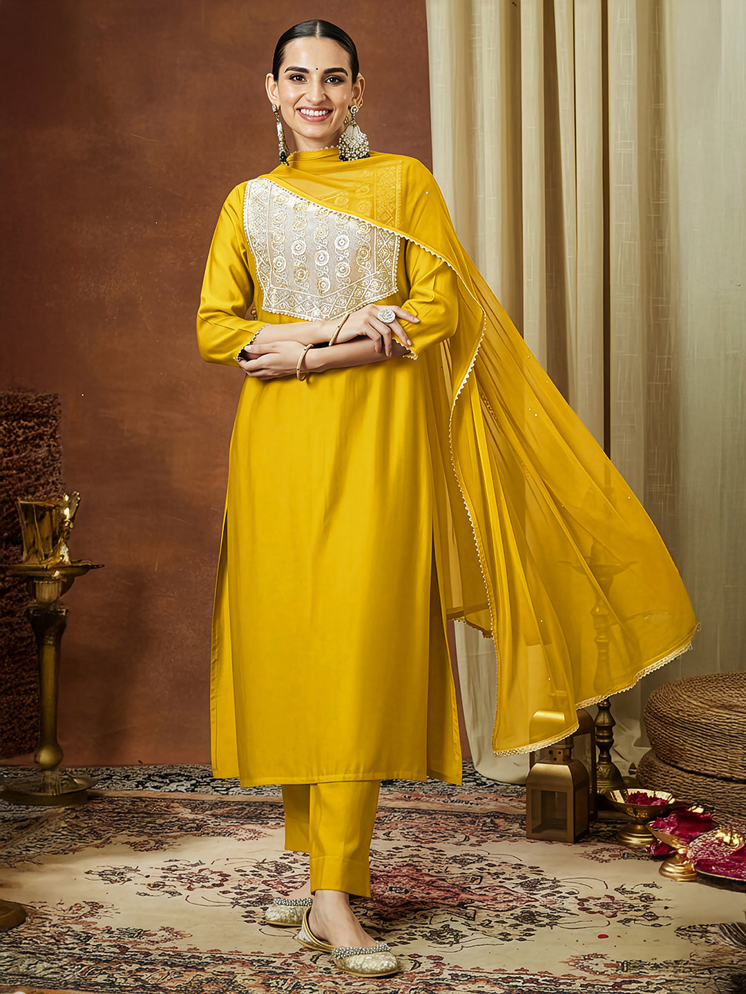 Ninnique Women's Mustard Silk Blend Embellished Straight Kurta Set