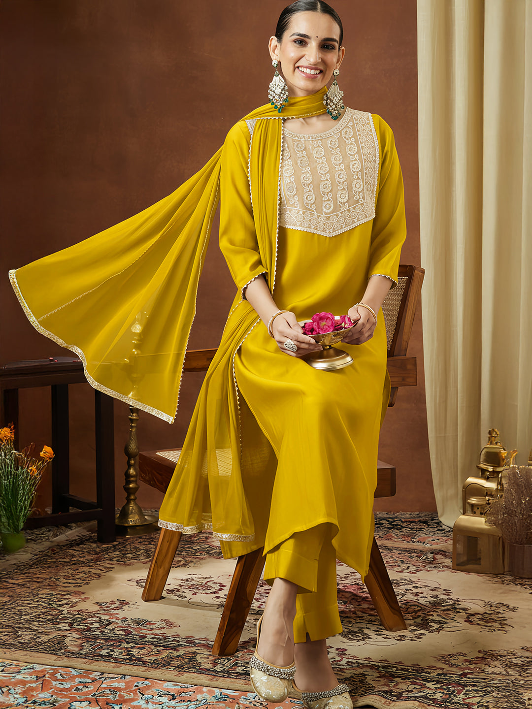 Ninnique Women's Mustard Silk Blend Embellished Straight Kurta Set