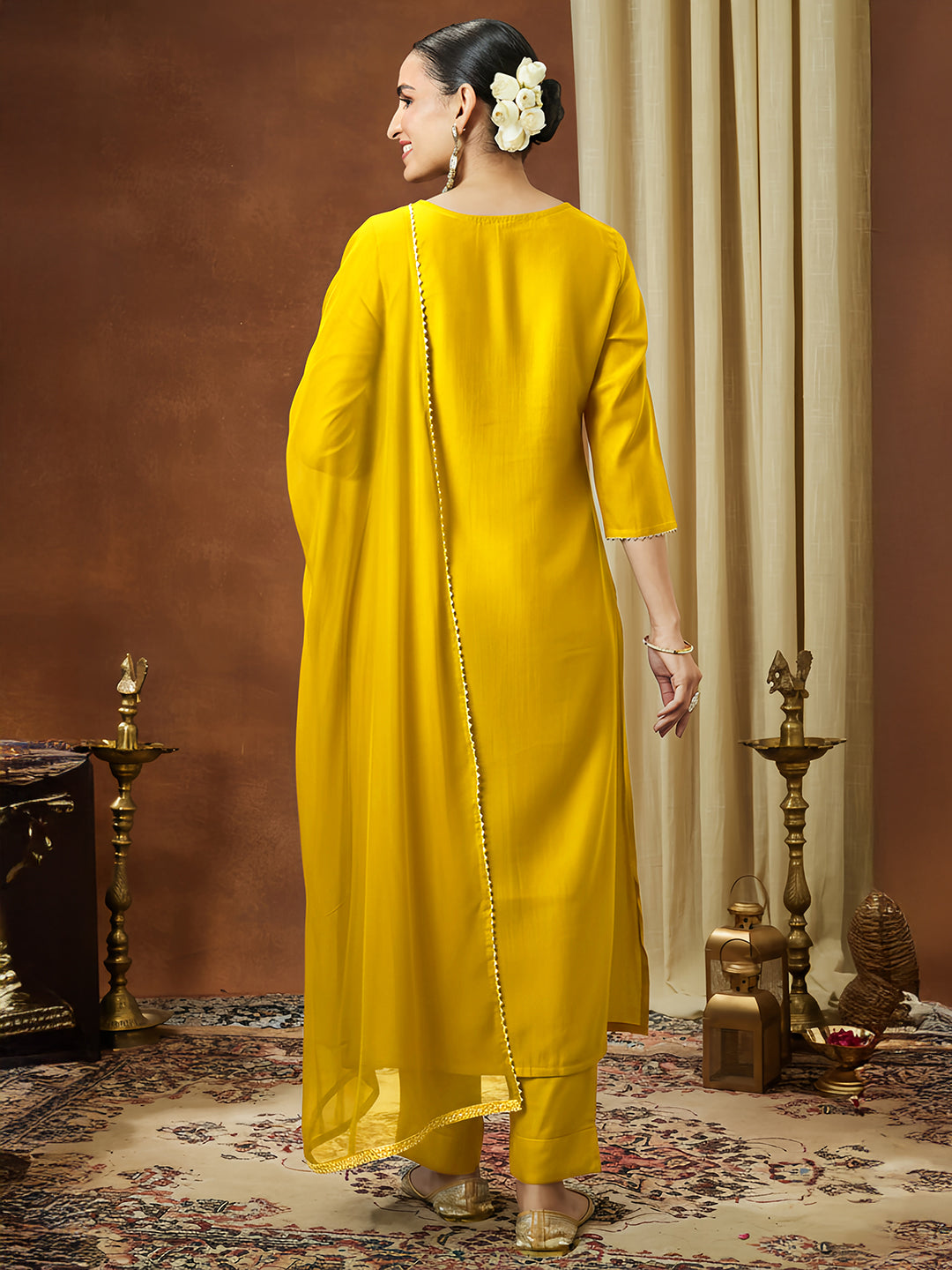 Ninnique Women's Mustard Silk Blend Embellished Straight Kurta Set