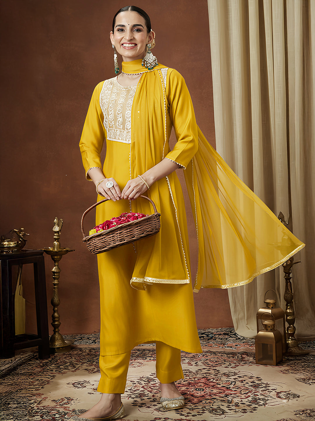 Ninnique Women's Mustard Silk Blend Embellished Straight Kurta Set